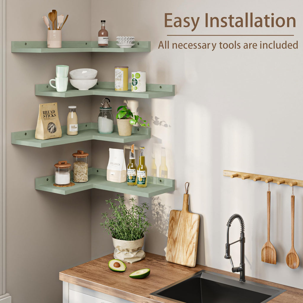 4 Tier Floating Corner Shelves Cyan Set of 4, Rustic Pine Wooden Floating Corner Wall Shelf for Wall Décor Storage