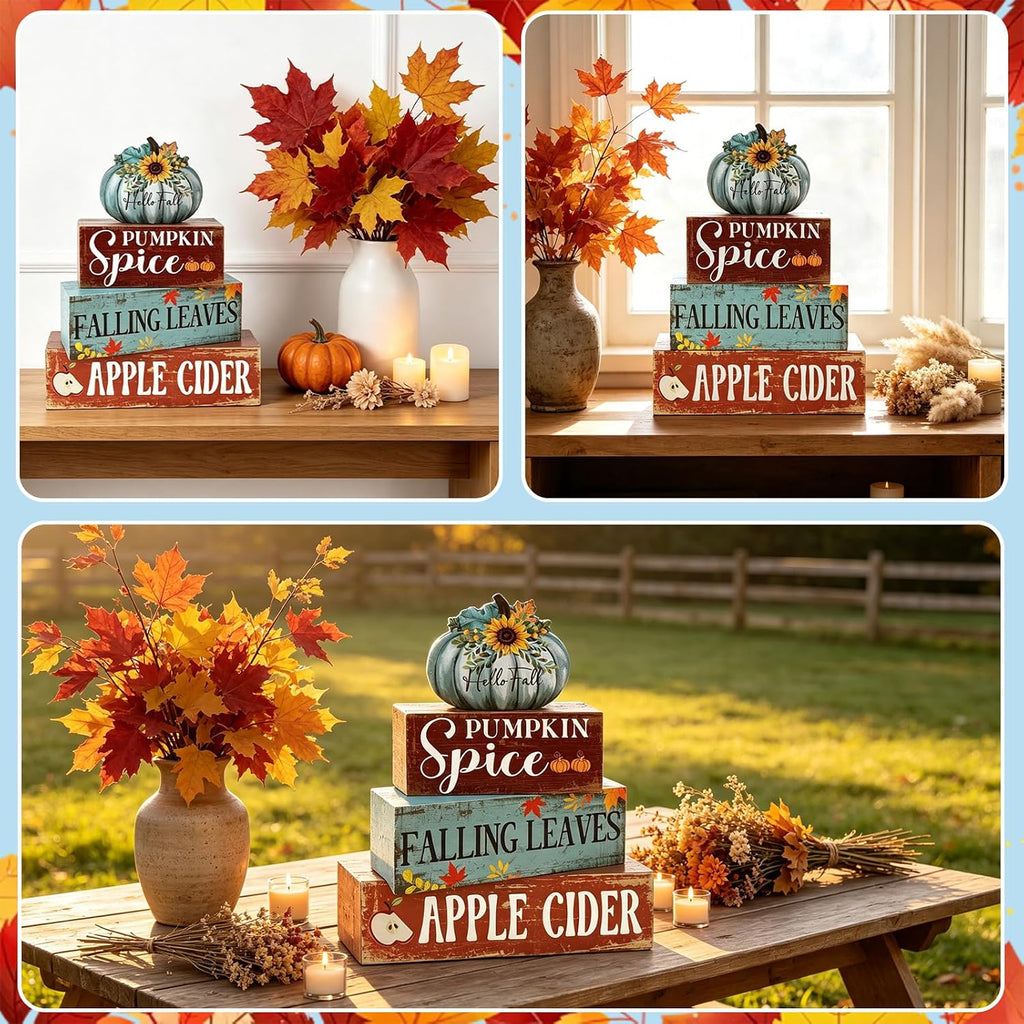 Fall Blue Pumpkin Wooden Block Signs Wooden Blue Pumpkin Decor - Set of 4