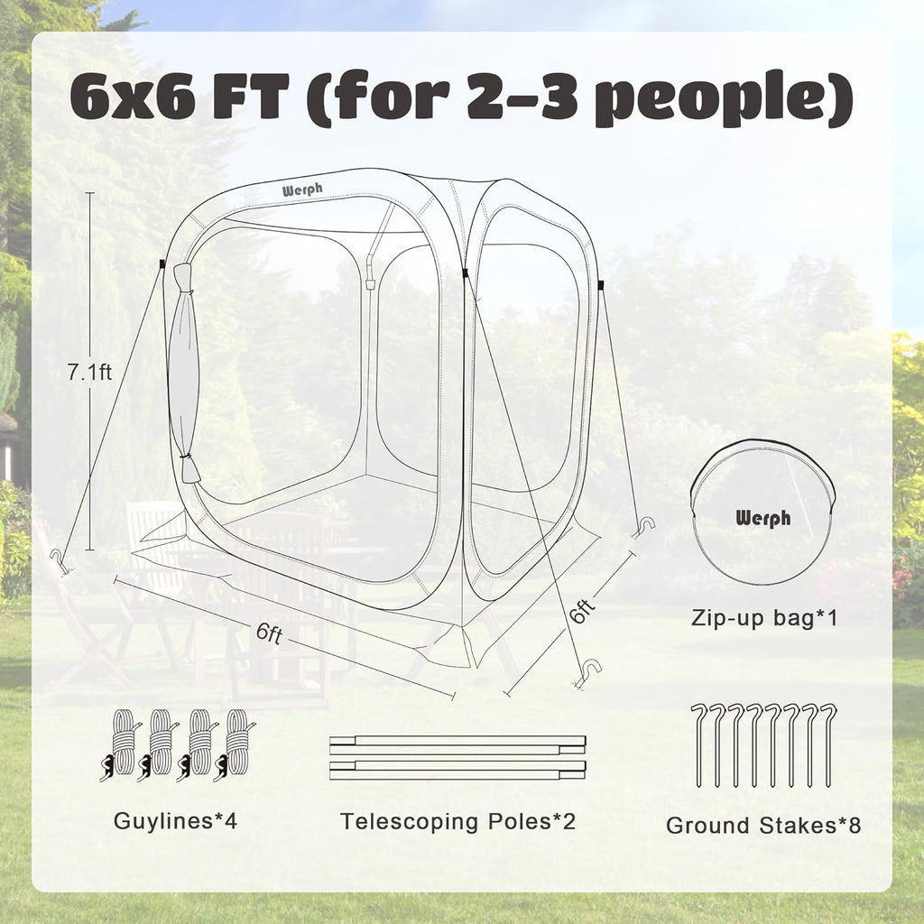 6x6 Pop-Up Screen Tent, Mosquito Net Gazebo, UV Resistant, Green | Roof Waterproof Screen Canopy
