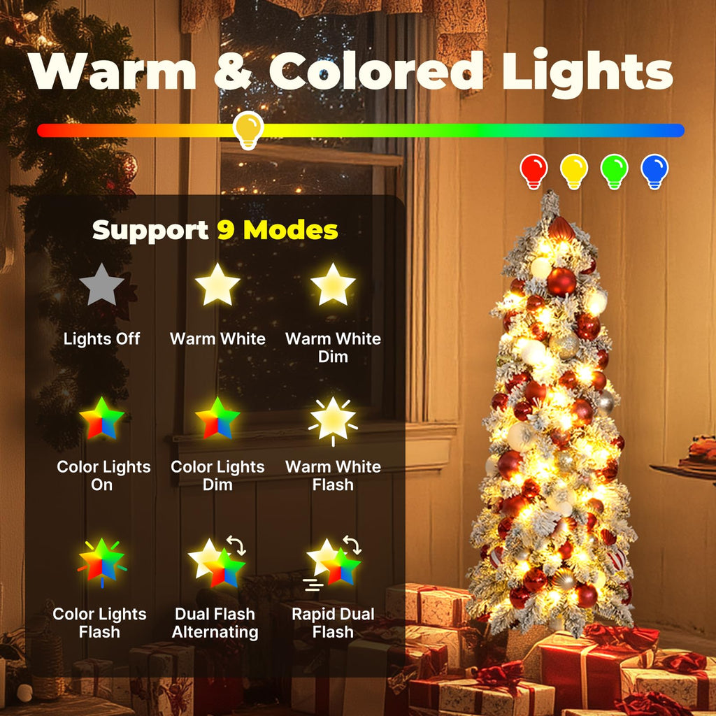 6ft Snow Flocked Pencil Christmas Tree with Remote, Colored LED Lights, Pre-Lit Slim Artificial Skinny Xmas Tree for