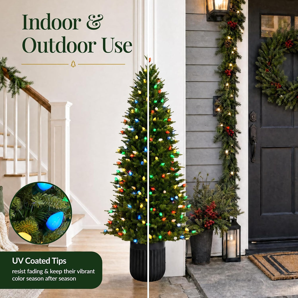 4.5ft Prelit Potted Pencil Christmas Tree w/ C7 LED Lights, Realistic Nostalgic Artificial Lighted Retro Holiday