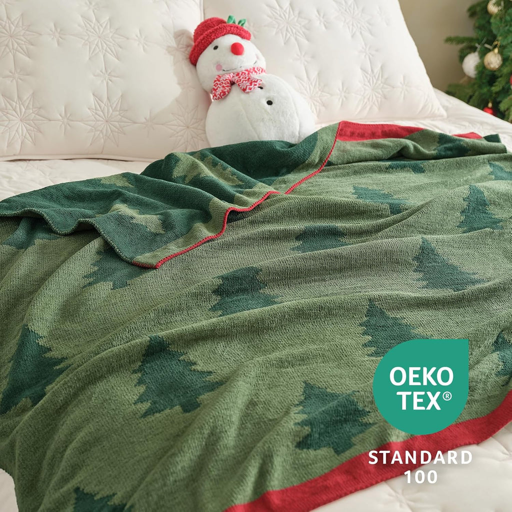 Christmas Knit Throw for Couch, Reversible Soft Cozy Chenille Blanket Decor Gift for Family, 50" x 60", Green