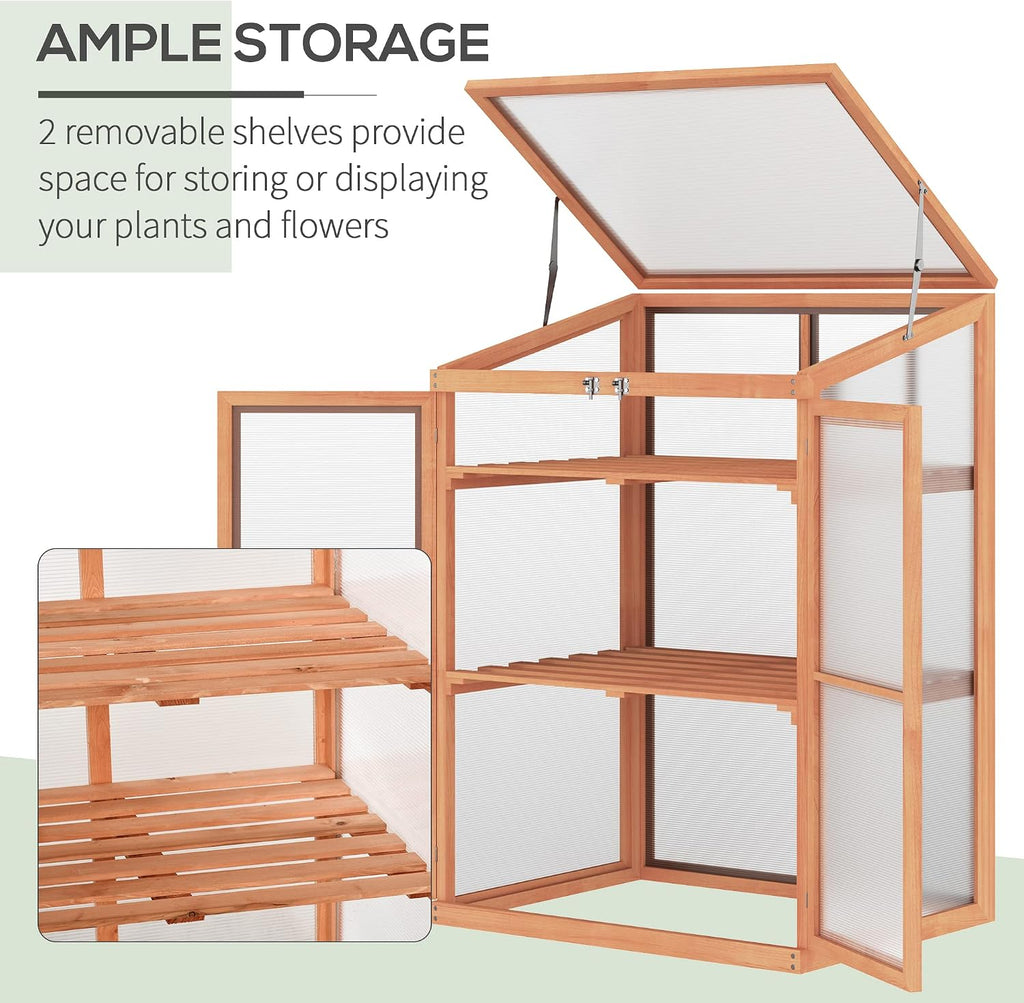 Mini Wooden Greenhouse, Outdoor Gardening Polycarbonate Small Green House with Openable Roof Vent and Shelves, Cold