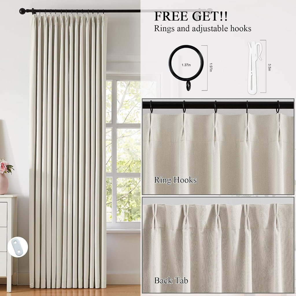 Pinch Pleated Blackout Curtains for Living Room Bedroom,100% Blackout Linen Textured Double Layer Drapes with Rings &
