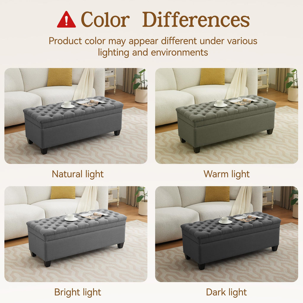 50" Fabric Storage Ottoman Bench, Upholstered Rectangle End of Bed Storage Ottoman Tufted Living Room Bedroom Bench