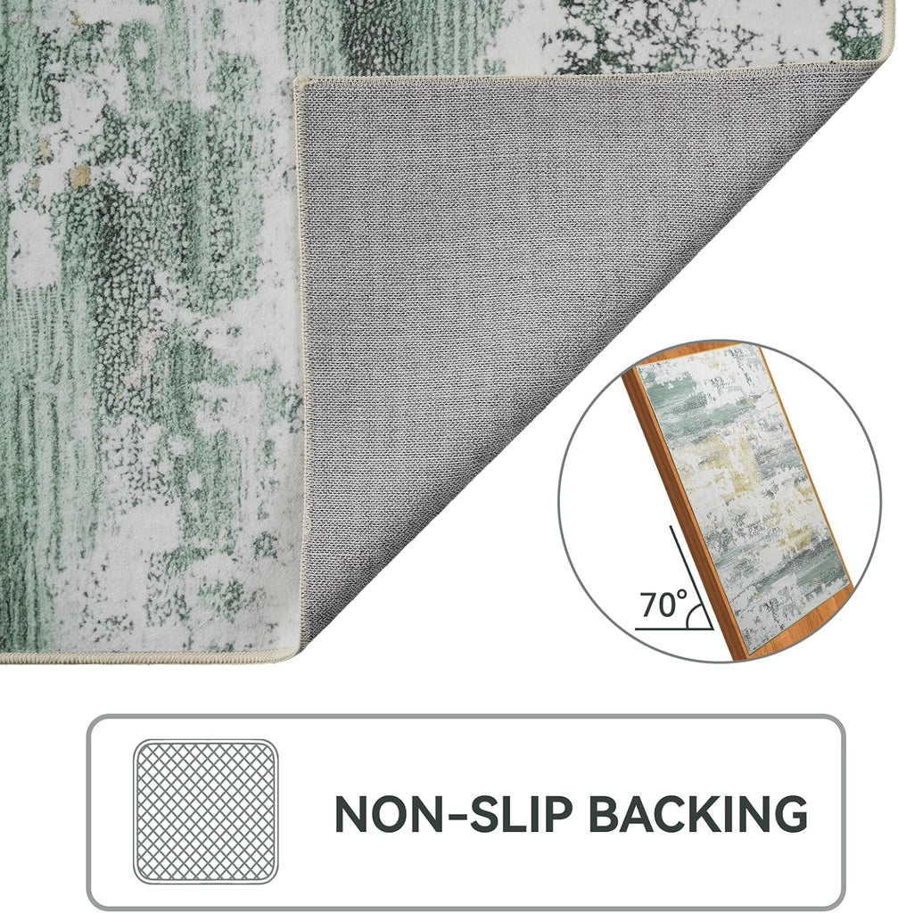Washable Area Rug for Living Room, 8x10 Non Slip Modern Abstract Green Rugs, Easy Clearning Low Pile Large Carpet for