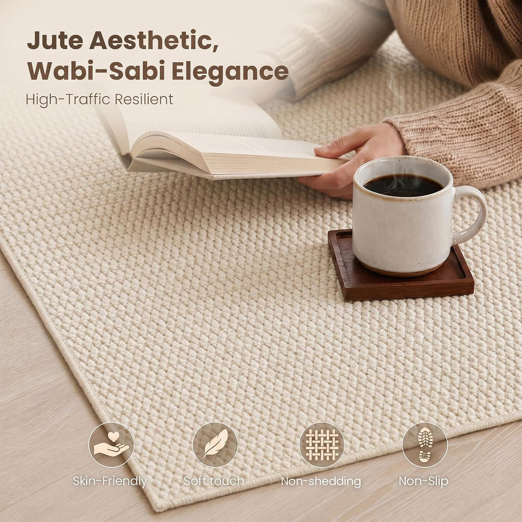 Washable Easy Jute Rug 8x10, Non Slip, Indoor Outdoor Natural Color Fiber Large Area Rugs , Boho Woven Design