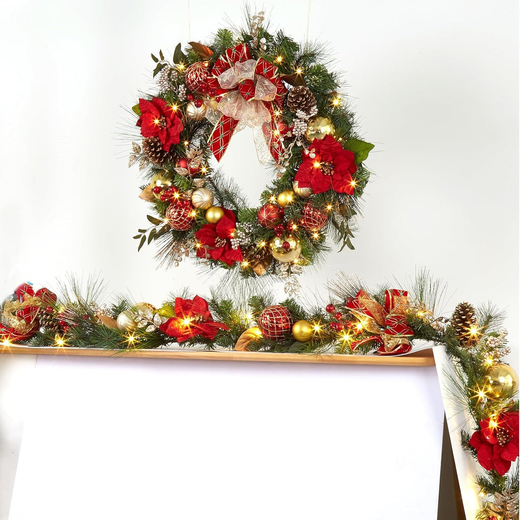 30 Inch Christmas Wreath, Pre-lit Christmas Wreaths for Front Door with 40 LED Lights Pine Cones Red Gold Balls