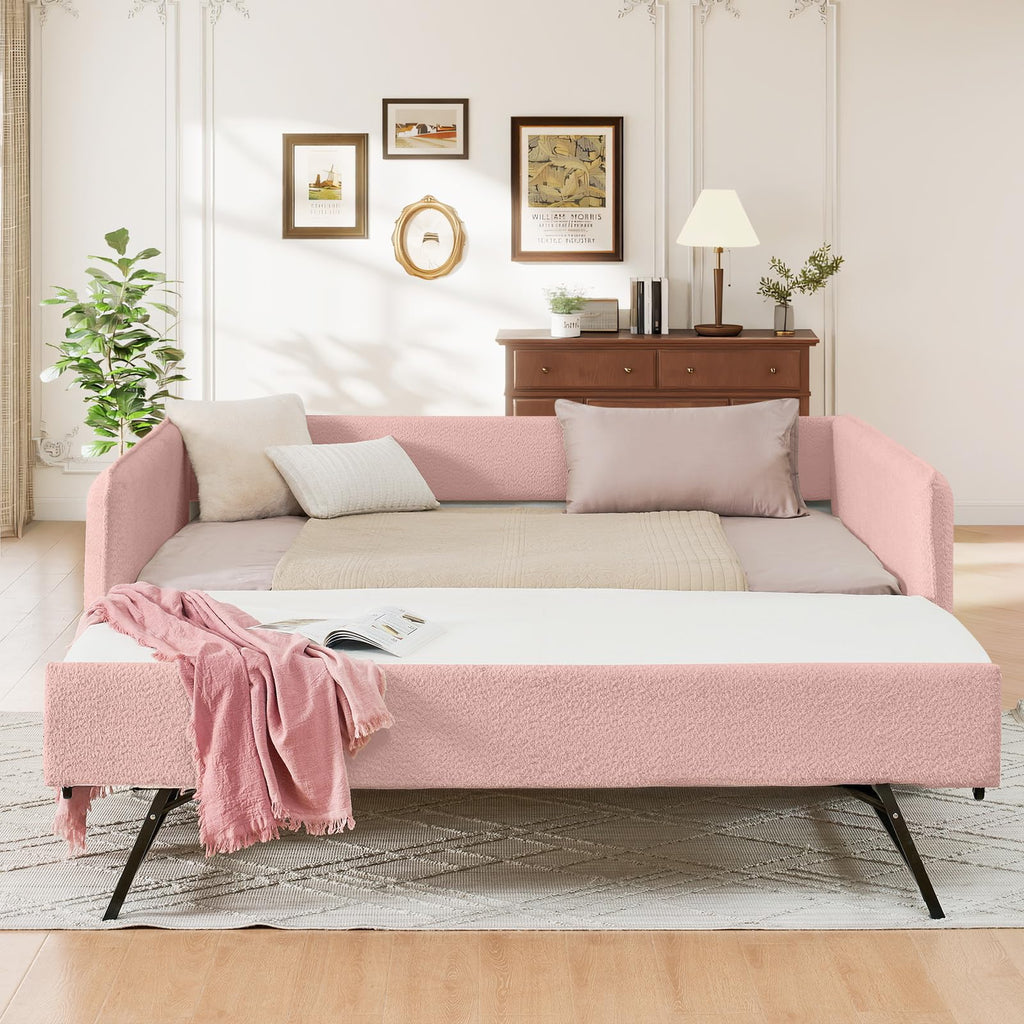 Full Size Daybed, Upholstered Boucle Fabric Day Bed Frame with Twin Roll-Out Trundle and Wood Slats Support, No Box