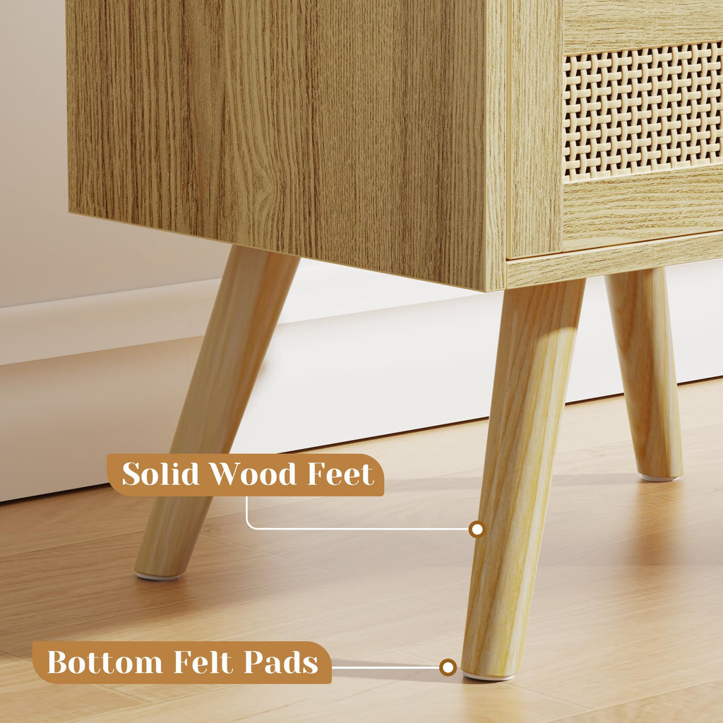 Night Stand with Charger Station, Boho Rattan Nightstand Set of 2