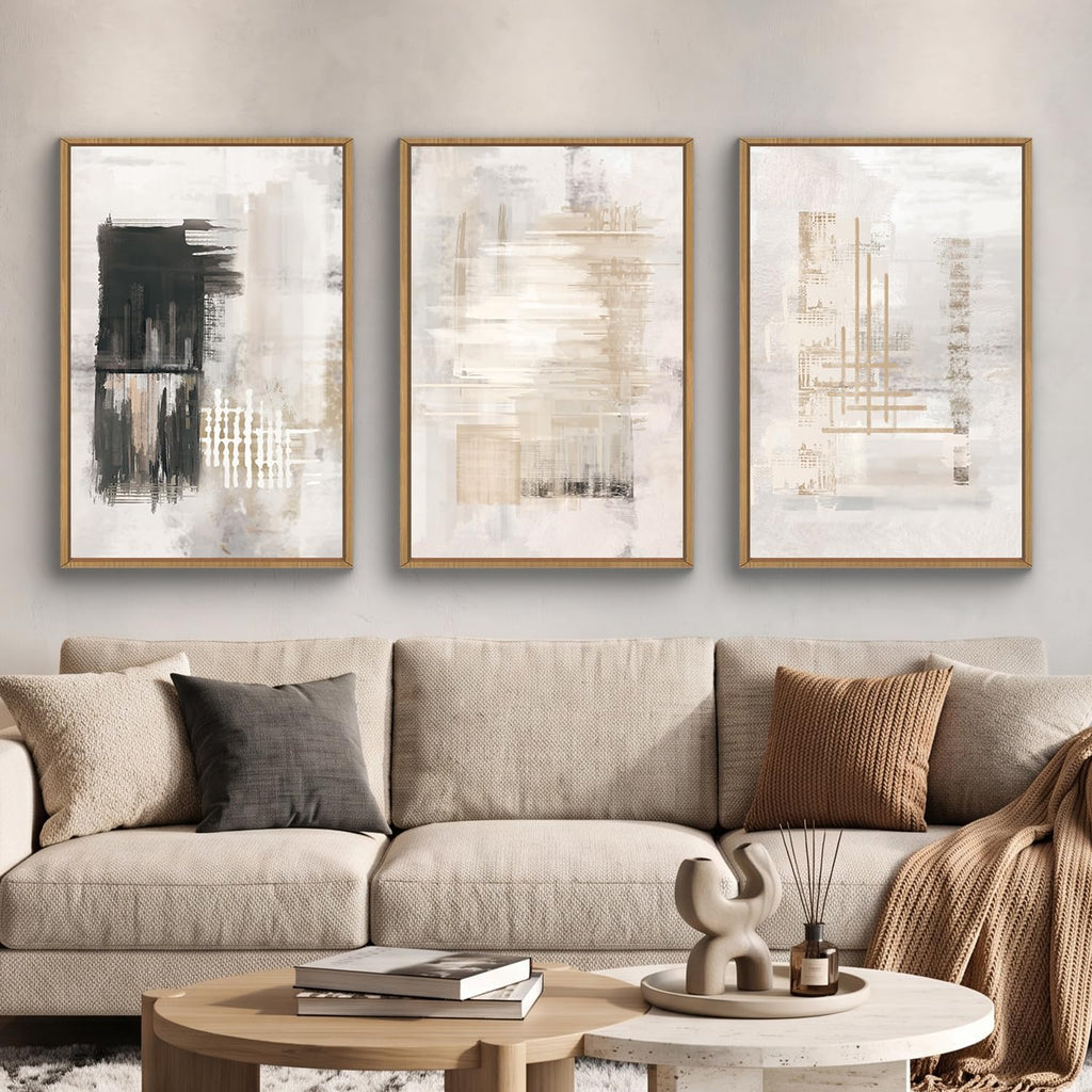 Modern Abstract Canvas Wall Art, Set of 3 Framed Art Prints, Black and White Large Wall Painting, 16x24inch Neutral