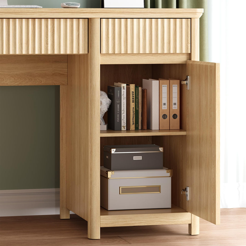 55" Fluted Executive Desk with Drawers & Charging Station, Large Wood Computer Desk with File Drawer and Storage