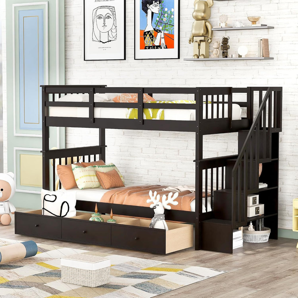 Wood Twin Over Twin Bunk Bed with Drawers and Stairs