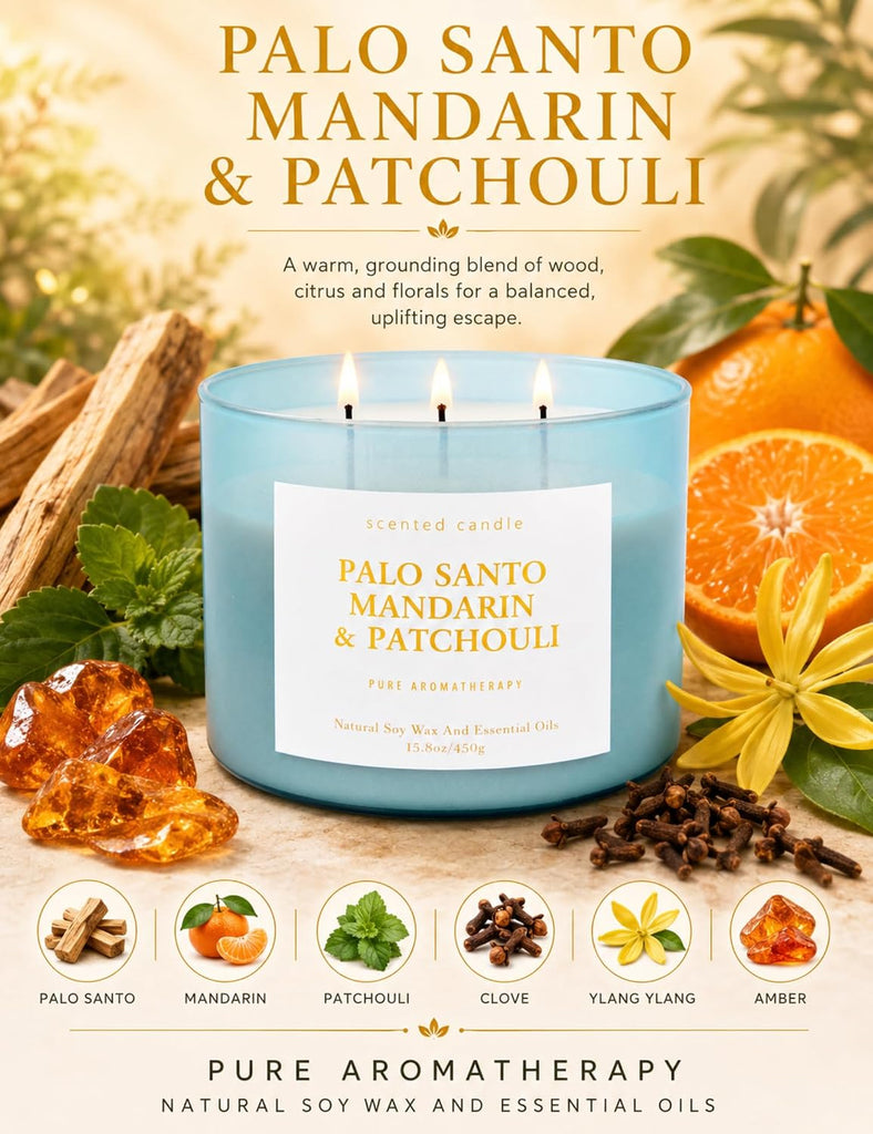 Palo Santo Mandarin Patchouli 3-Wick Soy Scented Candle, 15.8 oz - Set of 158