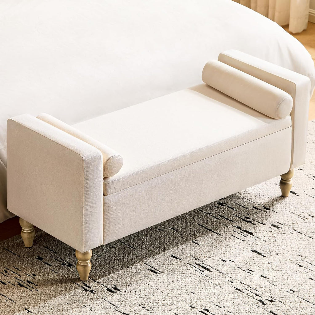 Large Storage Ottoman Bench, 45.7" Linen Upholstered Entryway Bench with Solid Wood Legs, End of Bed Bench, Shoe