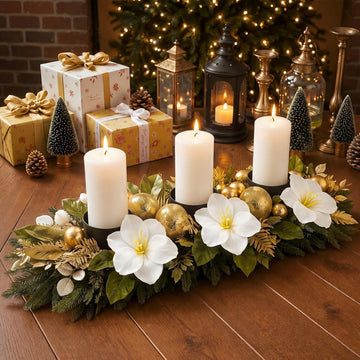 28 Inch Christmas Magnolia Centerpiece with 3 Candle Holders
