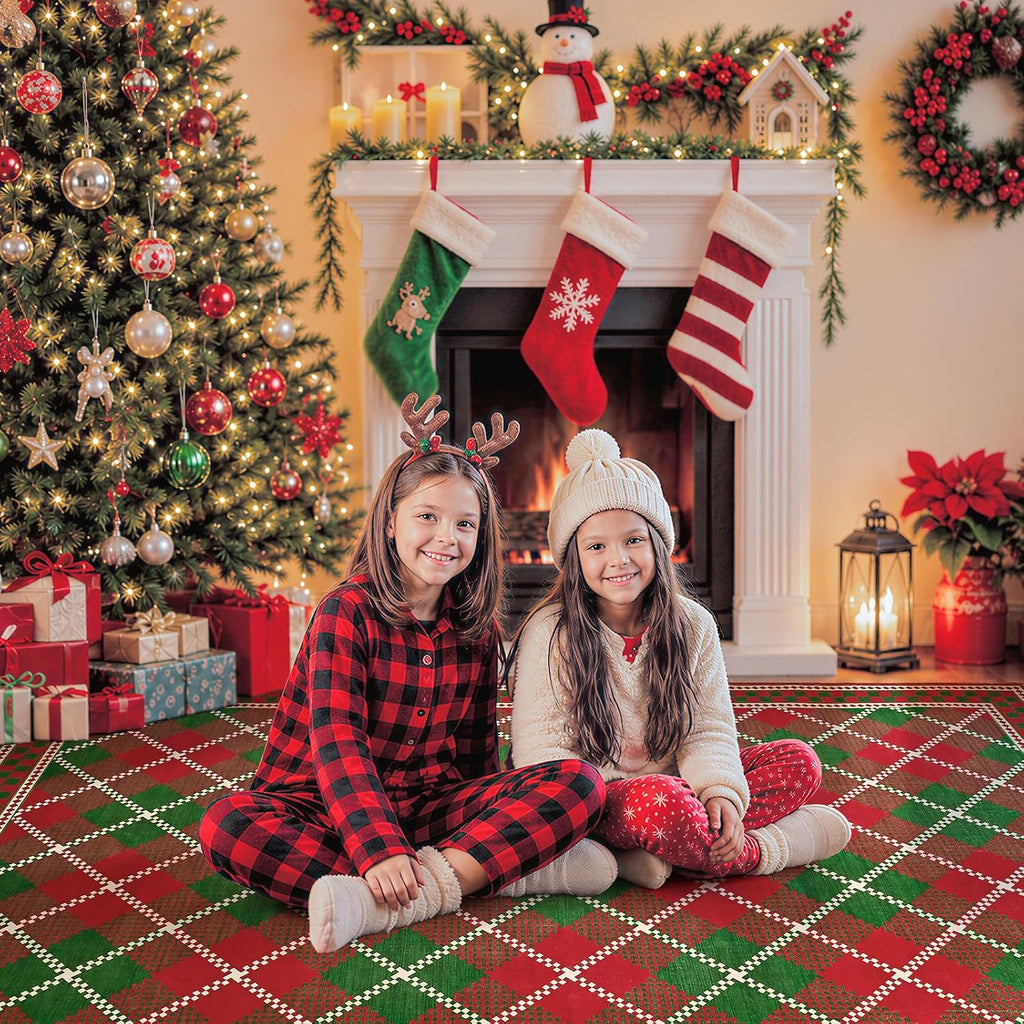 Christmas Runner Rug, Red Green Checkered Rugs with Low Plie Non-Slip Backing, Washable Stain-Resistant Plaid