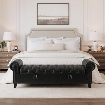 67 Inch Faux Leather Storage Bench with Rolled Arms, Chesterfield Tufted Ottoman Bench with Nailhead Trim