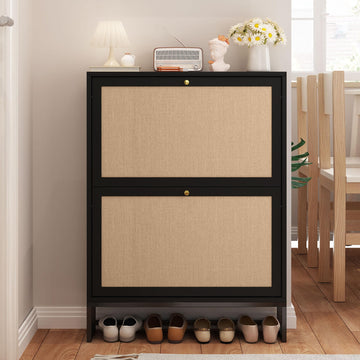 Black Narrow Shoe Cabinet, Hidden Slim Shoe Storage Cabinet, 25.6"x34.7" Flip Drawer Shoe Oraganizer Rack with Metal