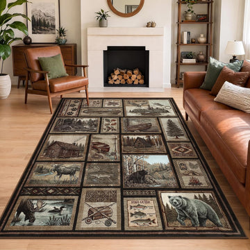 Washable Rustic Cabin 5x7 Area Rugs, Low Pile Soft Western Bear Rug, Non Slip Farmhouse Indoor Dining Room