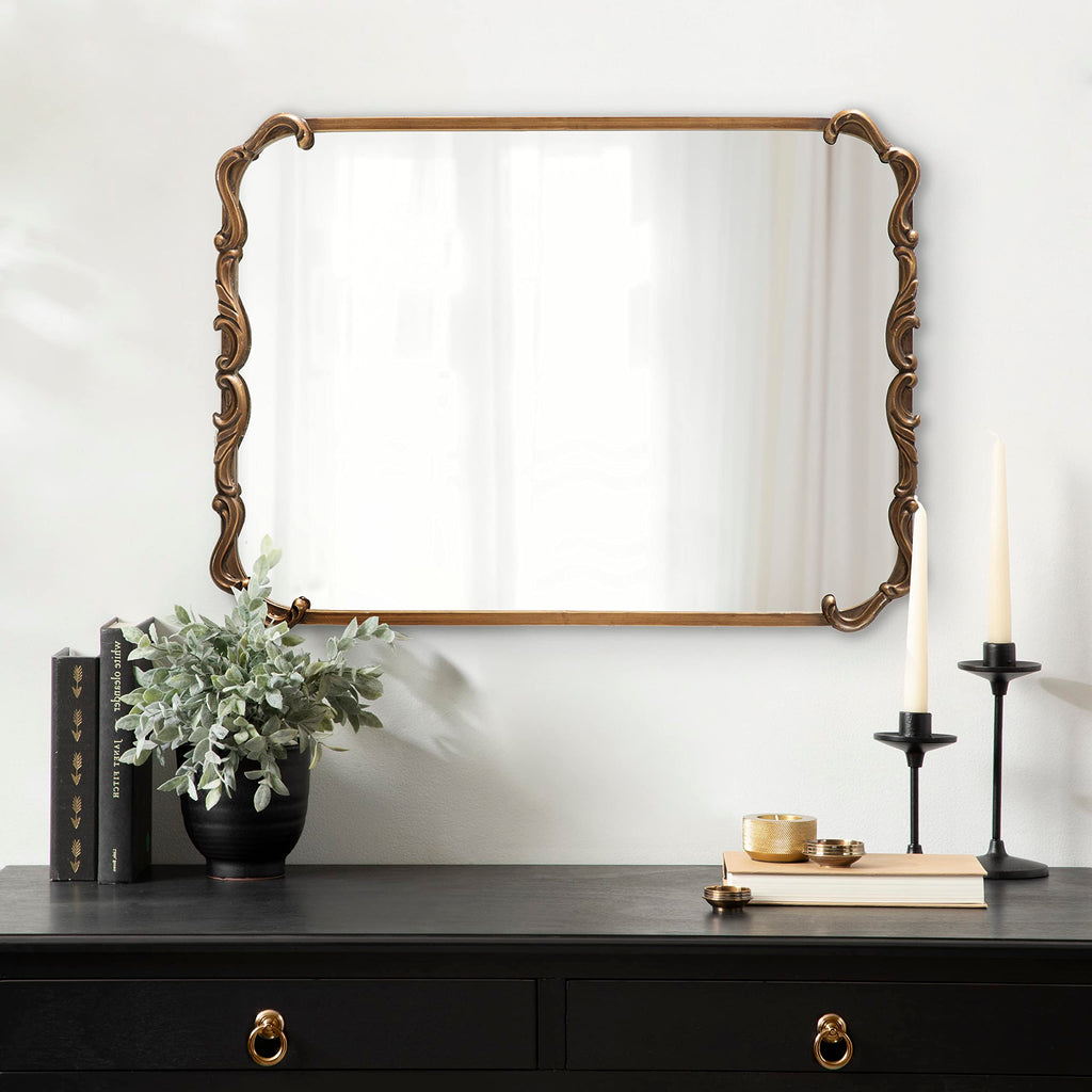 Brazelton Rounded Rectangle Ornate Traditional Mirror, 20 x 27, Gold, Ornamental Round Rectangular Classic Framed