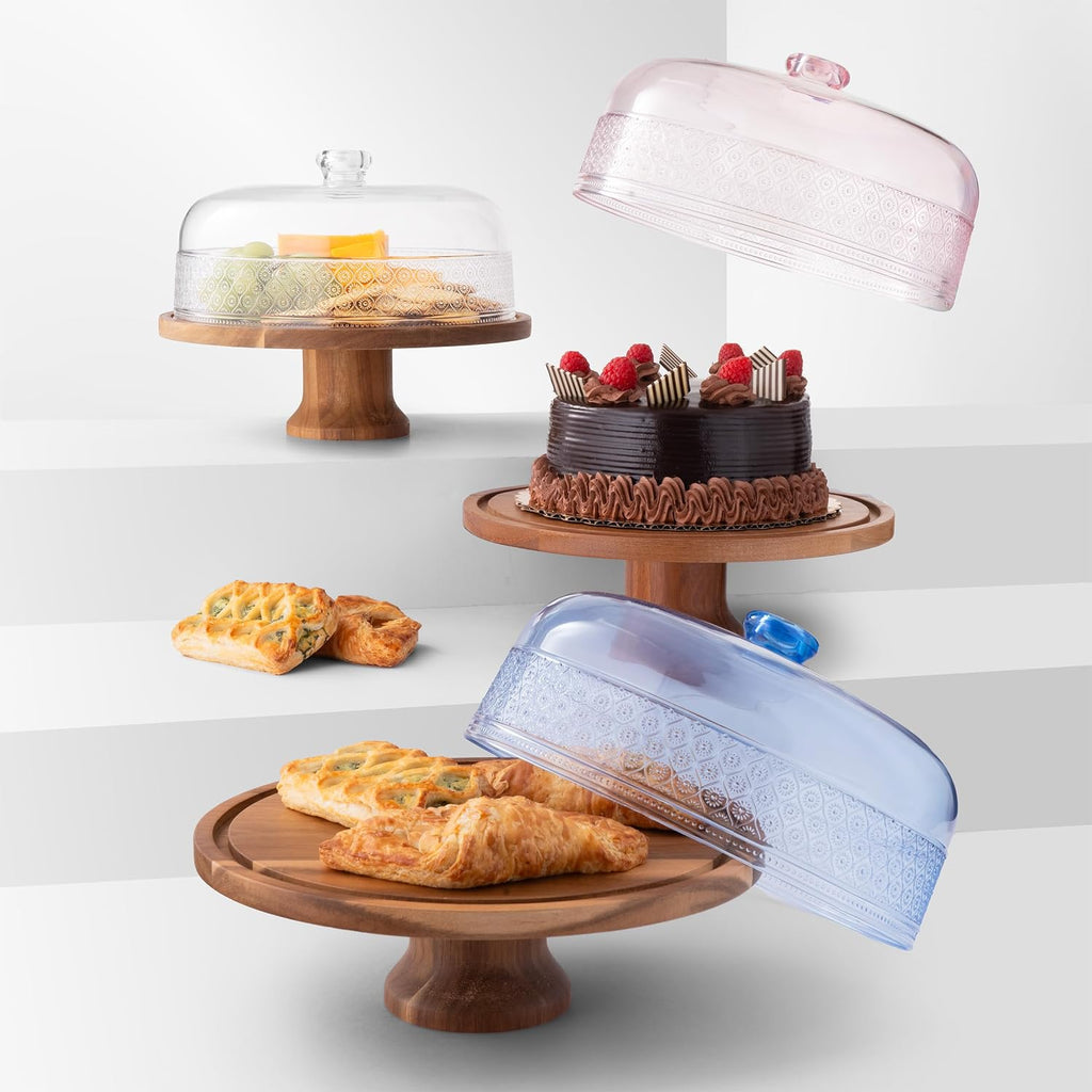 Cake Stand, Footed Cake Plate with Dome, Acacia Wood and Shaterproof Acrylic Lid, Wood Cake Stand with Dome Vintage