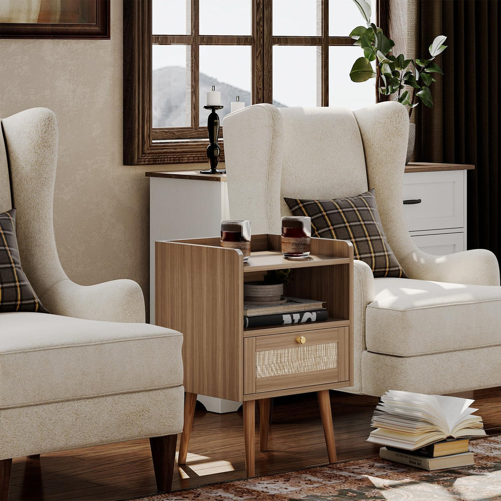 Night Stand Set 2, Nightstands Set of 2 with Charging Station, Rattan Side Tables with Solid Wood Legs, Boho Bedside