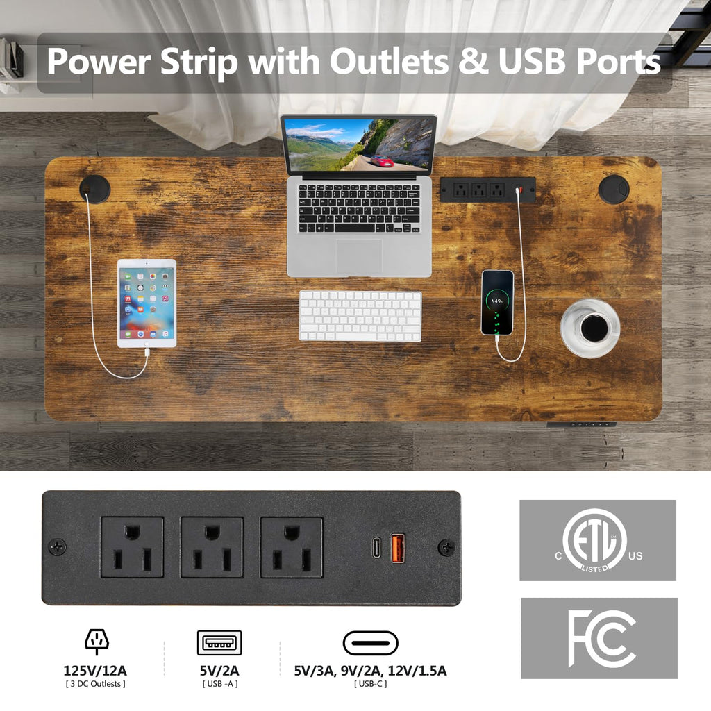 Electric Adjustable Height Standing Desk, 55×24 Inches Sit Stand Desk with Power Socket, 2 USB Ports, 3 Power