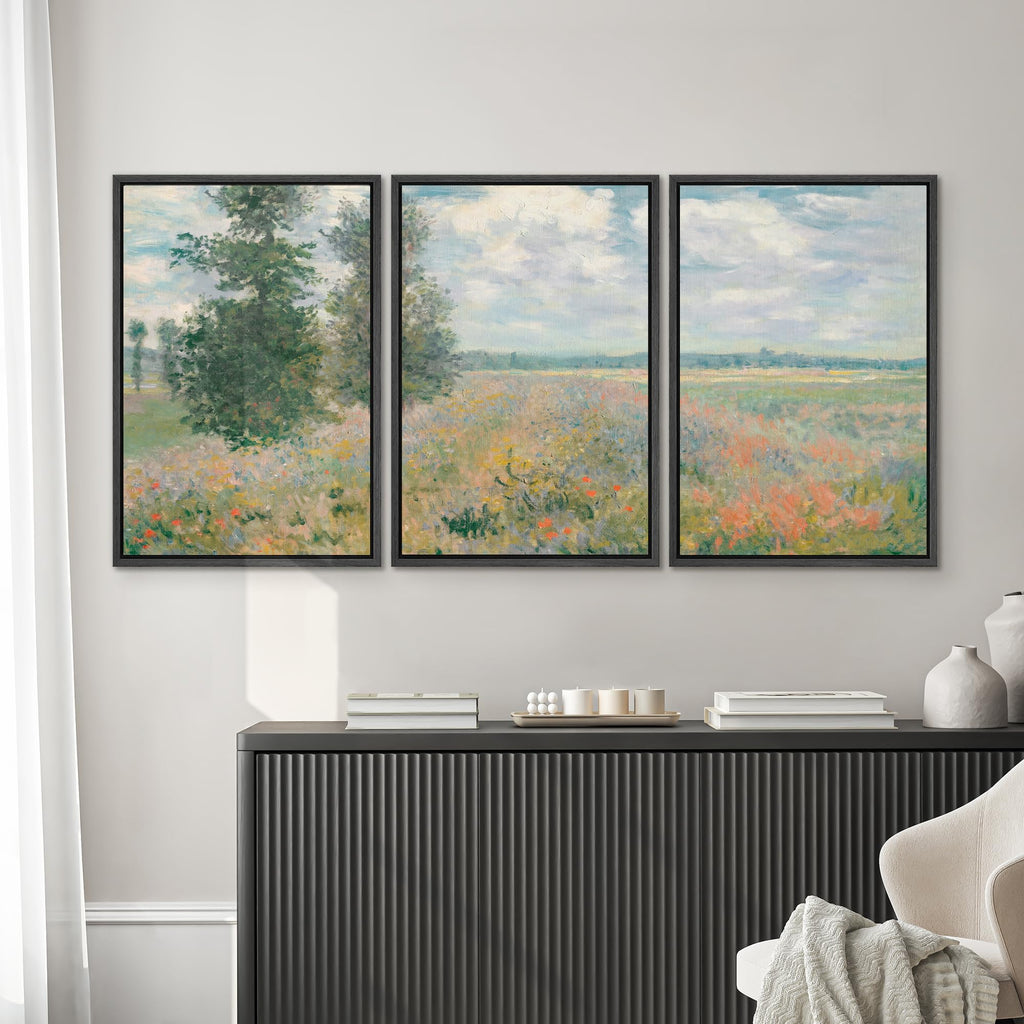 Framed Wall Art Print Set Monet Style Floral Field Illustrations Modern Art Chic Multicolor - 24"x36"x3 Black