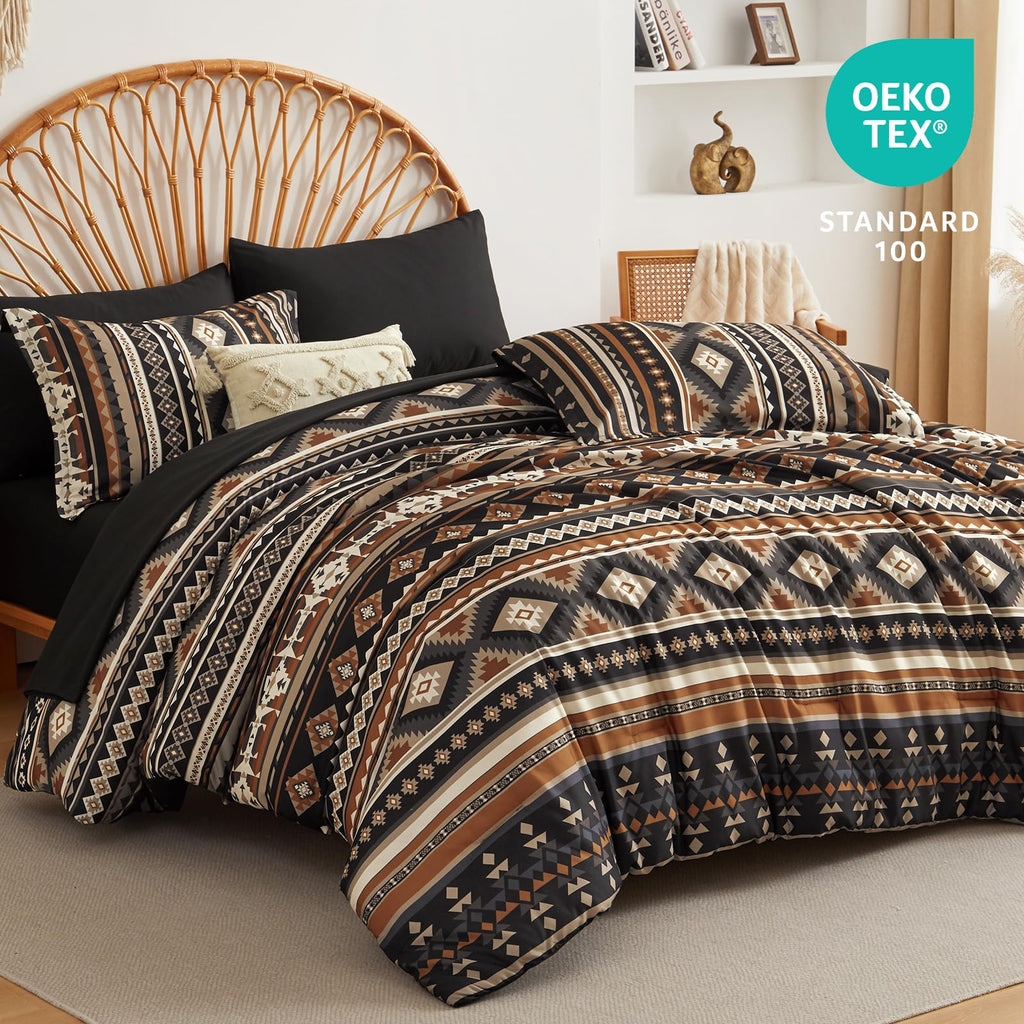Queen Size Comforter Set Dark Coffee, 7 Pieces Boho Aztec Bed in a Bag Lightght Comforters Bedding Set with Sheets &