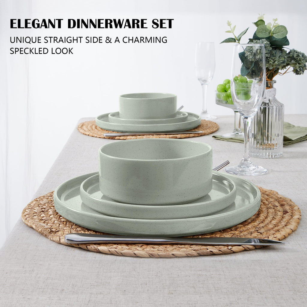 Dinnerware Sets for 6, 18-Piece Stoneware Plates and Bowls Set, Green