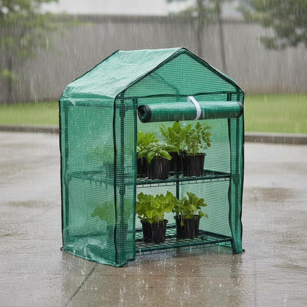 Greenhouse Shelter Mini Greenhouse Plant Shelter Garden Cover Balcony Tent Two Shelves PE Cover and Metal Frame Help