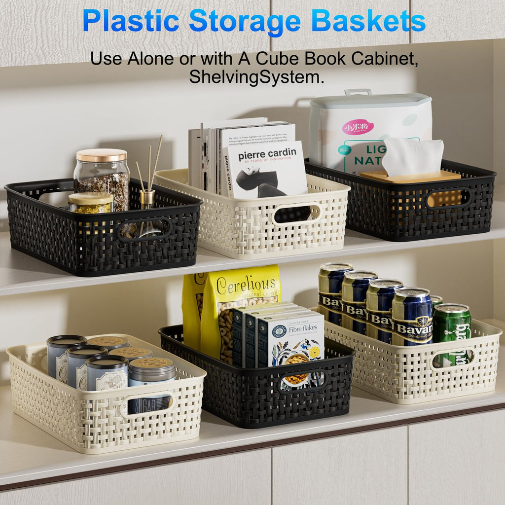 Black Plastic Basket, 8 Pack Home Organization and Storage Baskets with Handles, Space Saving Woven Organizer Bins