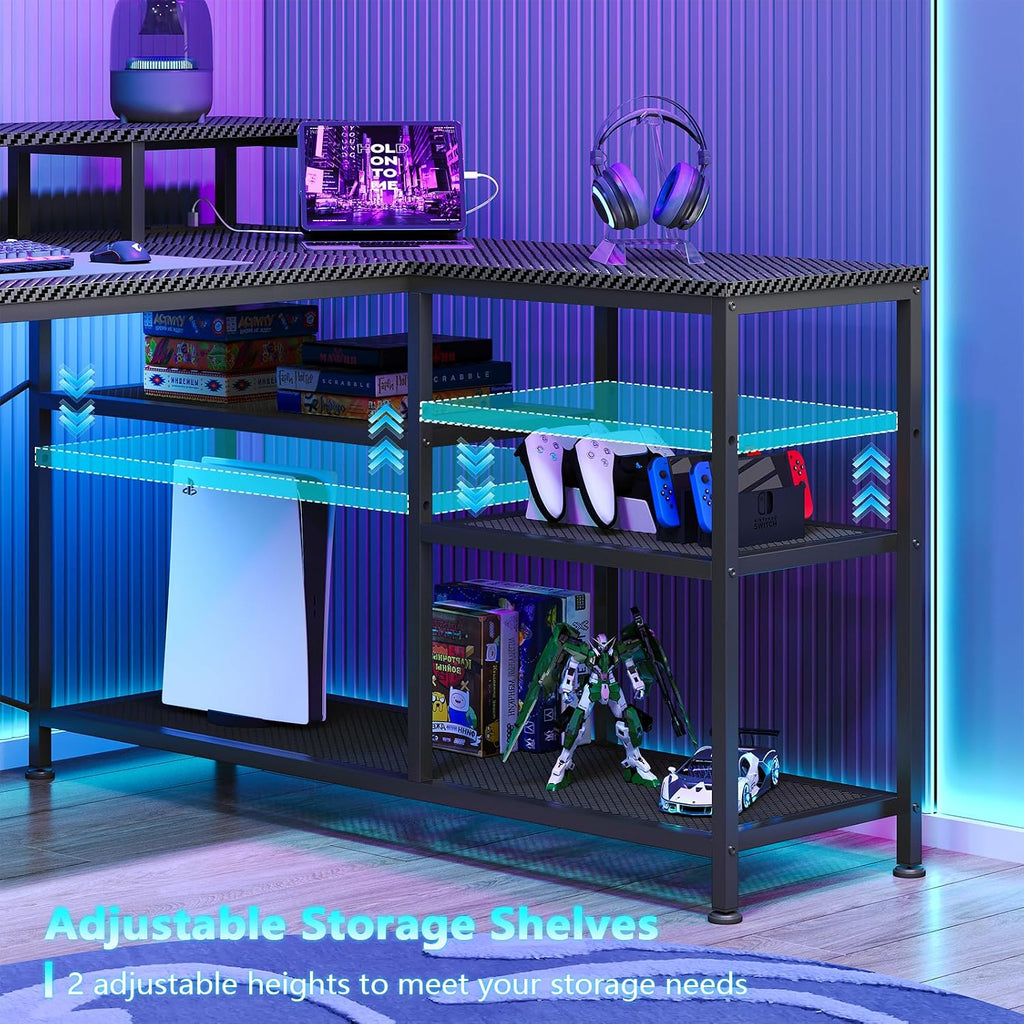 L Shaped Gaming Desk with Drawers & Storage Shelves for Game, Home Office | Corner Gaming Desk with Power Outlets &