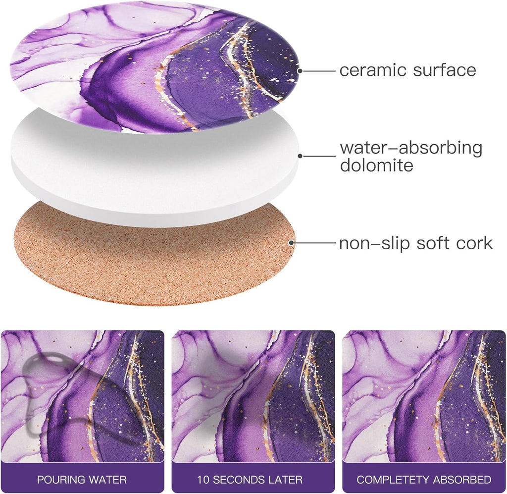 Purple Agate Coasters for drinks with Gold Holder,Absorbent Marble Coasters Set with Cork Base for Tabletop - Set of 7