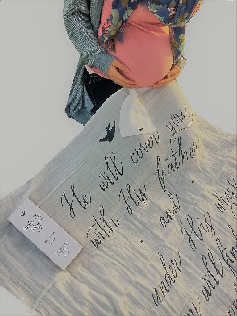 Muslin Swaddle & Bonus Baby Hat with Scripture Quote (Psalm 91) - 100% Organic Unbleached Cotton - Swaddle/Blanket is