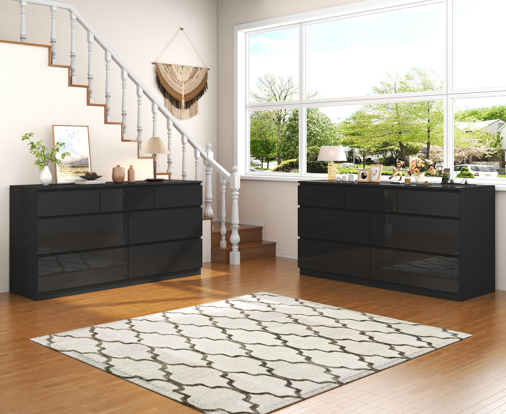 55 INCH 7 Drawers Dresser with Power Outlet, Wide High Gloss Chest of Drawers Large, Modern Storage Drawer Dresser