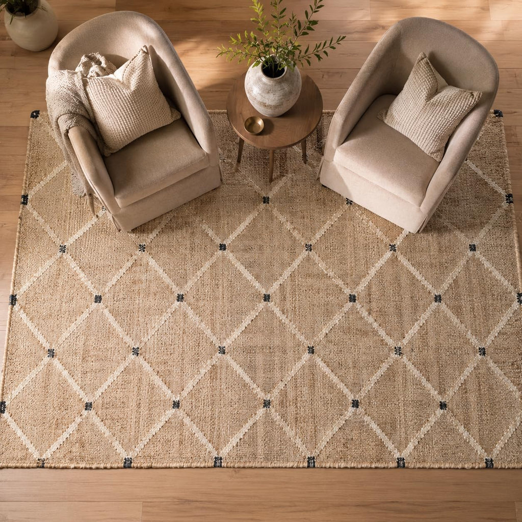 Hand Woven Jute Area Rug 8'x10'- Geometric Design (Natural) | Indoor Natural Fiber Hallway Jute Rug - Rustic
