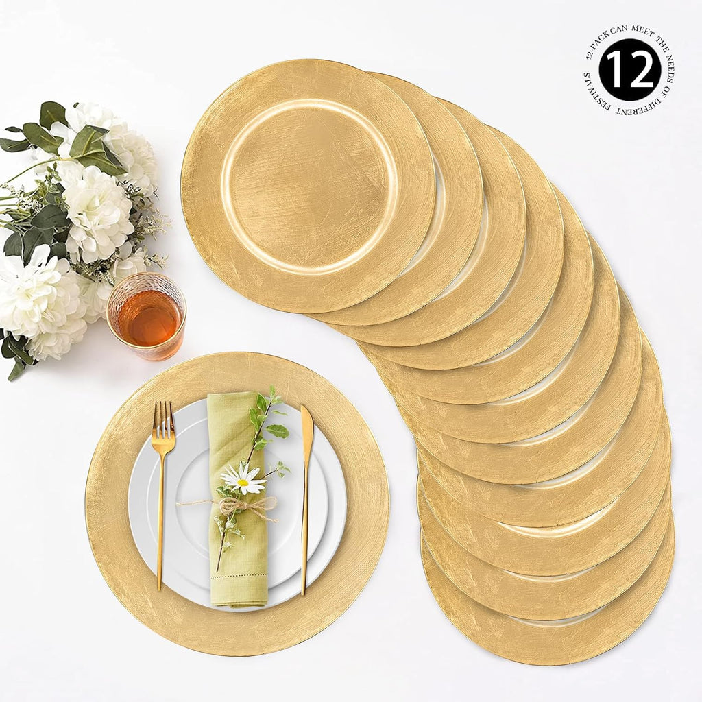 Foil Gold Charger Plates, 13" Round Beaded Plate Chargers - Set of 12