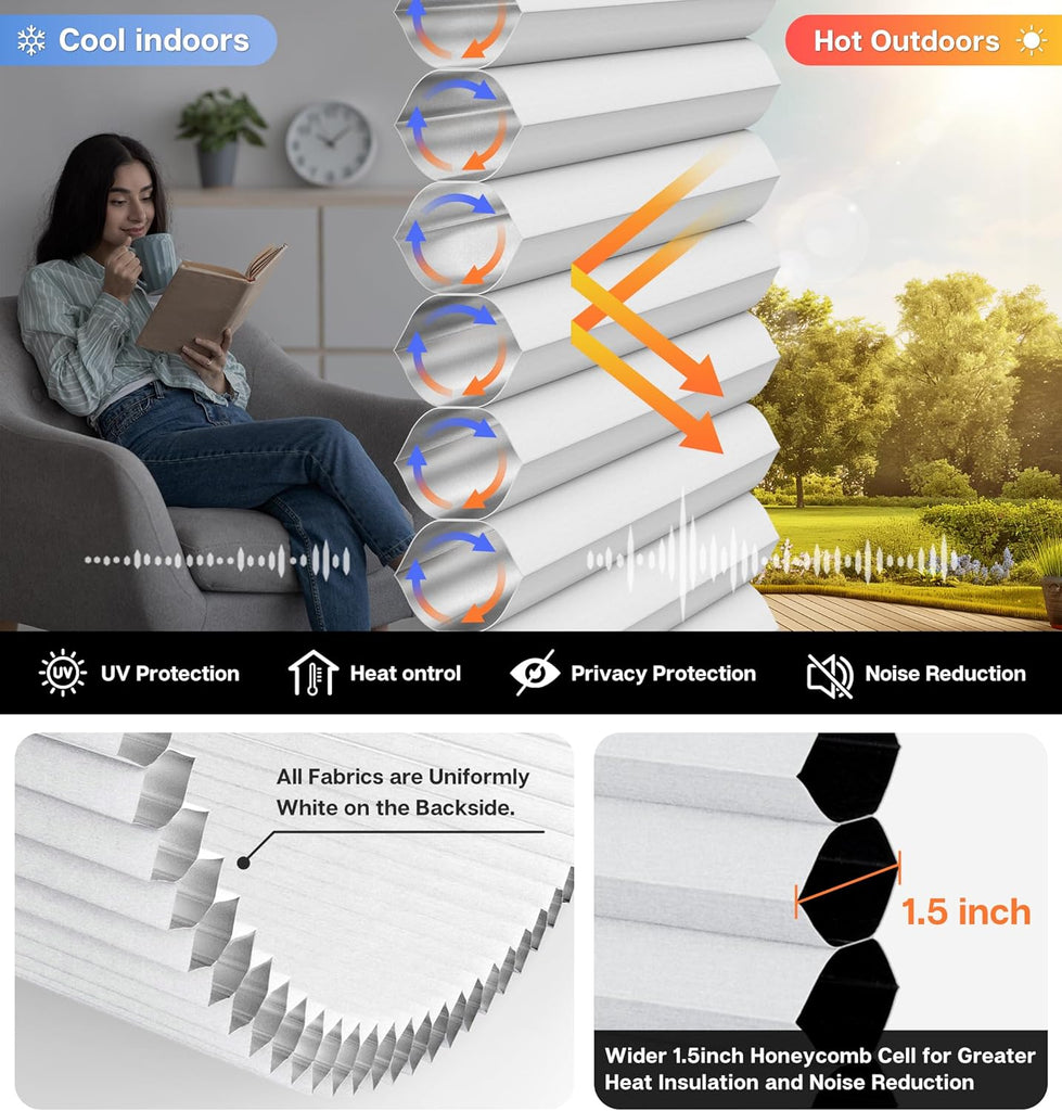 Top Down Bottom Up Cordless Cellular Shades, White | Blackout Light Blocking Honeycomb Shades Thermal Insulation
