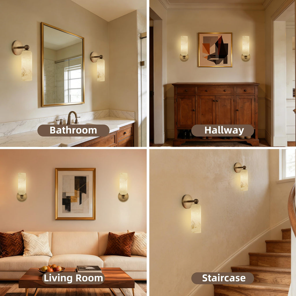 Alabaster Wall Sconce with Solid Brass, 12.4 Inches, Set of 2