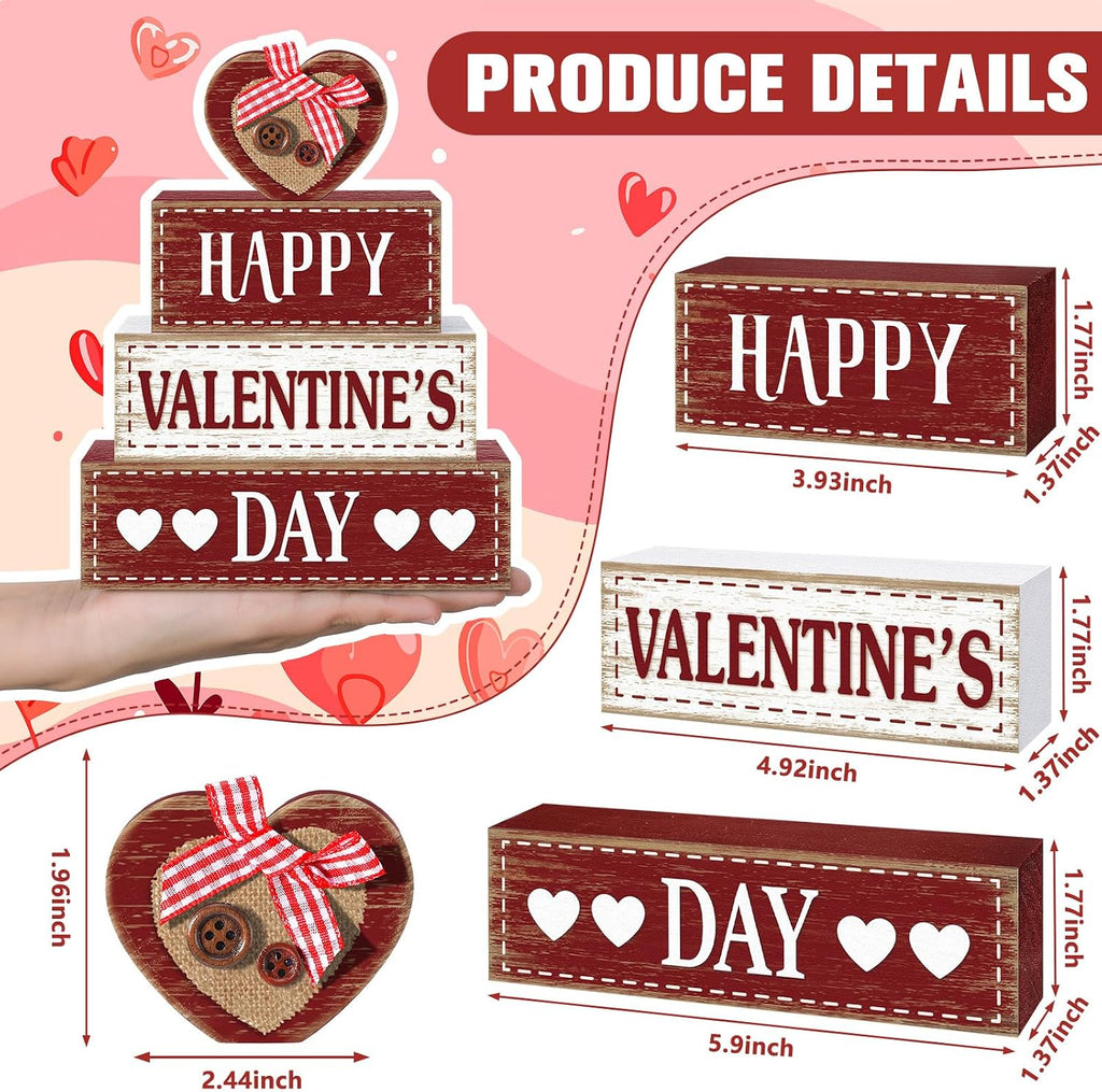 Valentine's Day Wooden Signs Heart Truck Table Decor Rustic Distressed Valentines Centerpieces Blocks Farmhouse - Set of 4