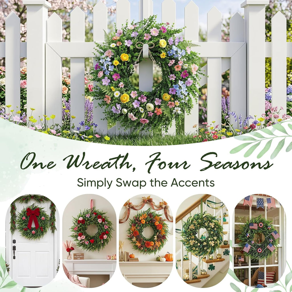 Boxwood Wreath Christmas DIY, Spring Wreaths for Front Door, Realistic Green Wreath for All Seasons Outside Farmhouse