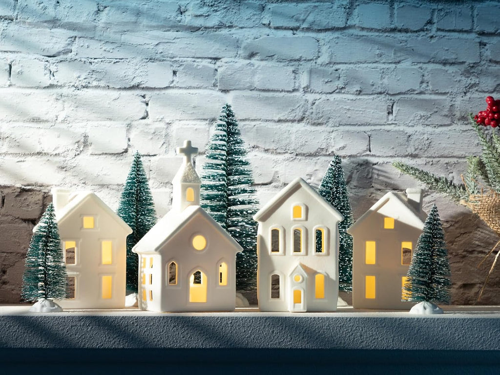 9-Piece Lighted Christmas Village Set, 4 Ceramic Houses & 5 Trees