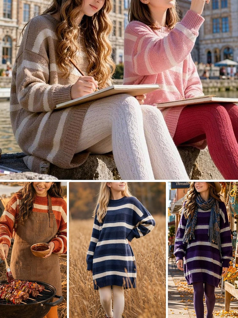 Striped Sweater Dress Crew Neck Long Sleeve Warm Pullover Casual Loose Cute Trendy Fall Winter Mini Dresses