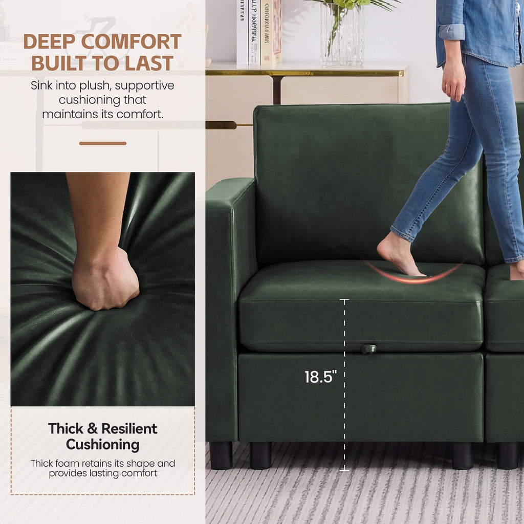 Modular Sectional Couch, 107" Faux Leather Storage 4 Seat Sofa, Green