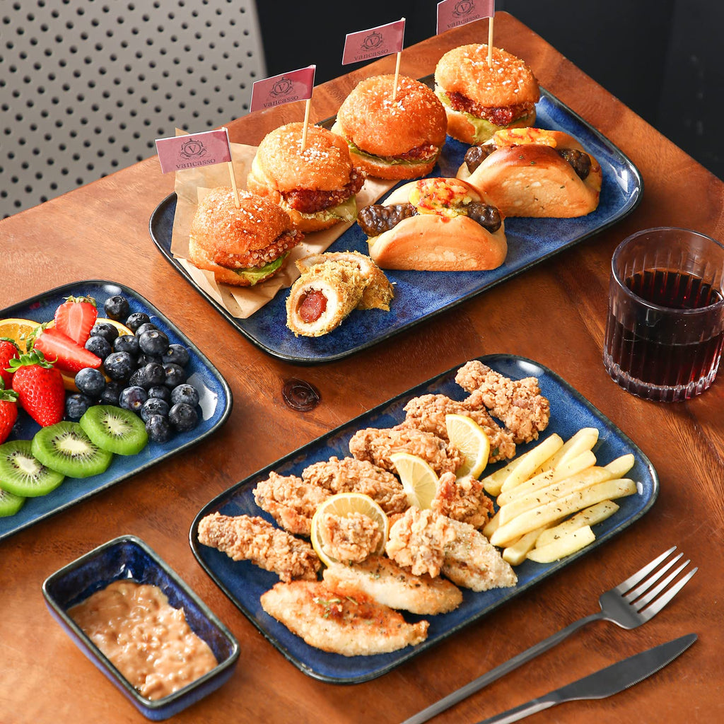 Stern Serving Platters Set of 3, 15/13/ 11 Inches Rectangular Serving Plates, Blue Serving Trays for Entertaining