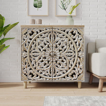 Carved Wood Decorative Cabinet with Floral Pattern