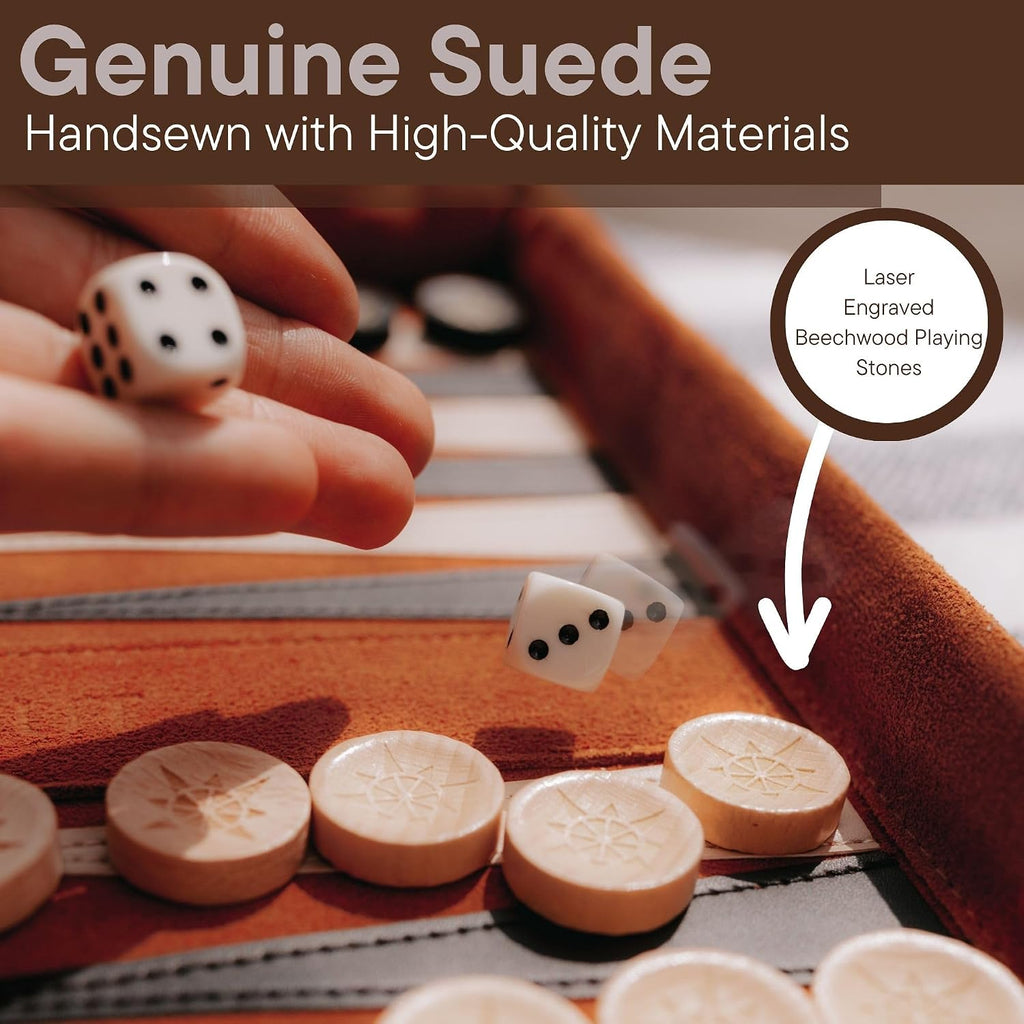 Roll-up Portable Suede Deluxe Backgammon Game Set- Elegant Design Engraved Wood Stones Pop-Up Playing Field - Set of 30