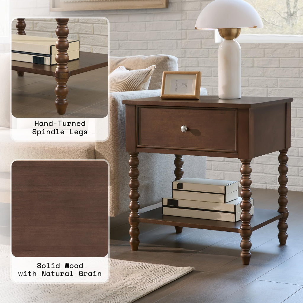 Walnut Nightstand Set of 2, Solid Wood Bedside Table, Dark 24"